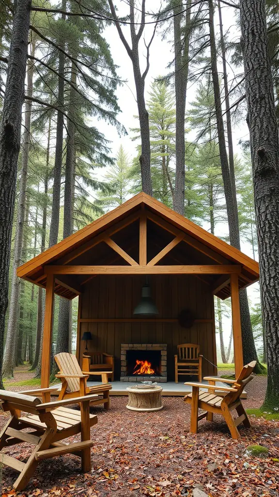 Wooden pavilion in a forest with a fireplace and seating