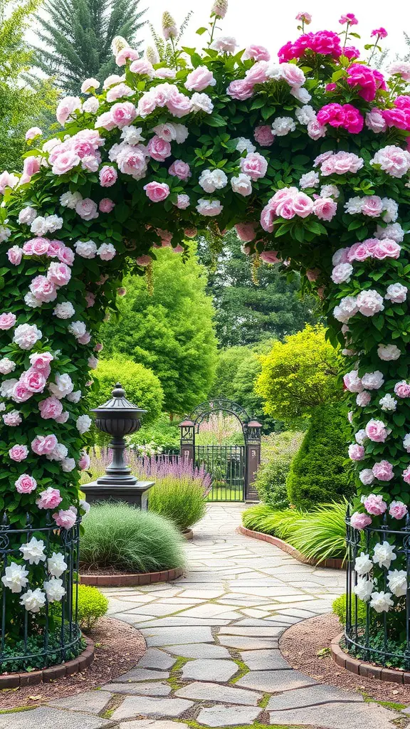 27 Absolutely Stunning Secret Garden Ideas to Inspire Your Space 8 A beautiful flower arch adorned with pink and white blooms, leading to a serene garden gate.