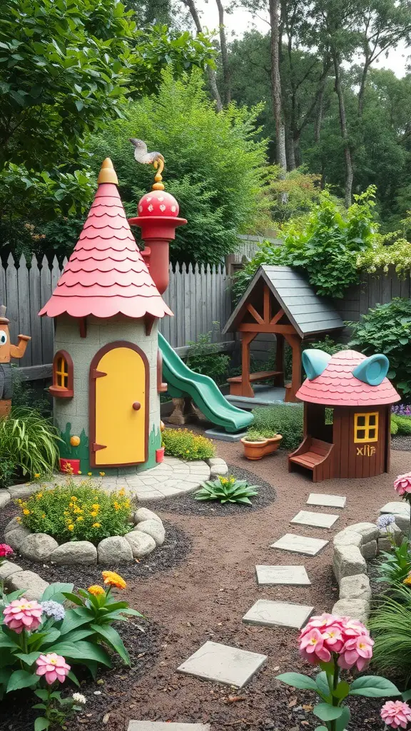 27 Absolutely Stunning Secret Garden Ideas to Inspire Your Space 20 A colorful secret garden play area with a whimsical playhouse, slide, and flower beds