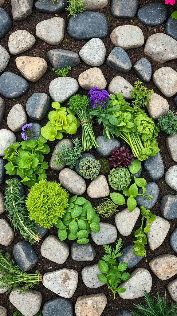 27 Absolutely Stunning Secret Garden Ideas to Inspire Your Space 14 A top-down view of a herb spiral made from stones and various herbs arranged in a circular pattern.