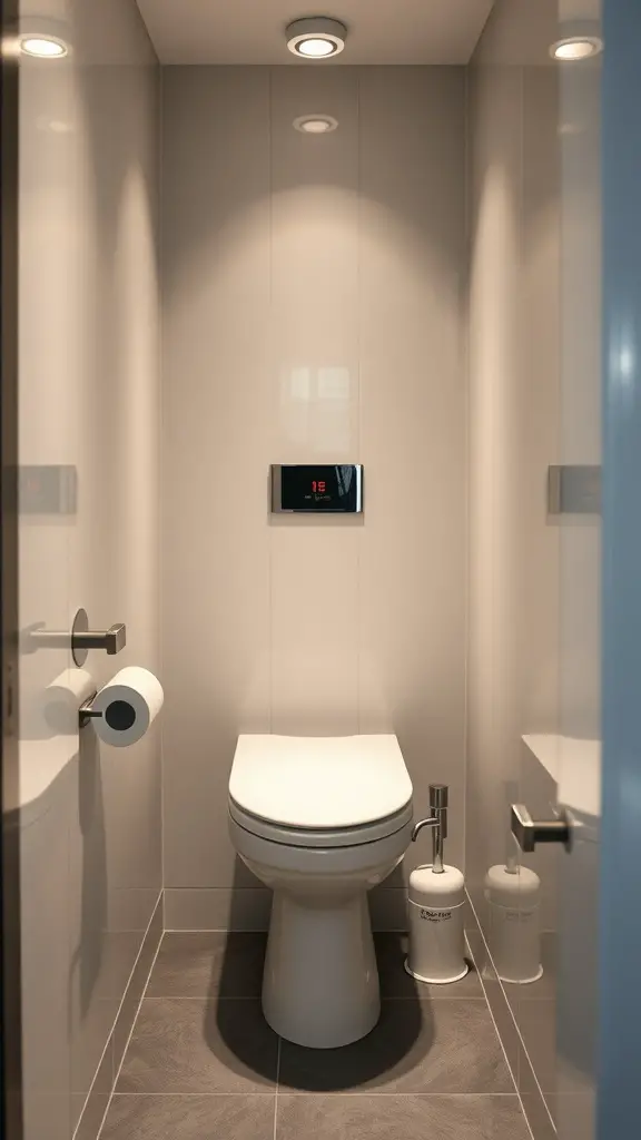 A small, modern toilet room with recessed lighting and a clean aesthetic