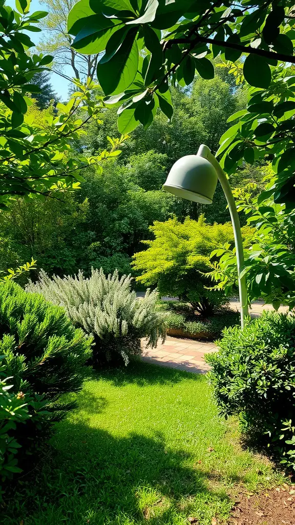 A lush garden featuring various shade-tolerant shrubs and a modern lamp amidst greenery.