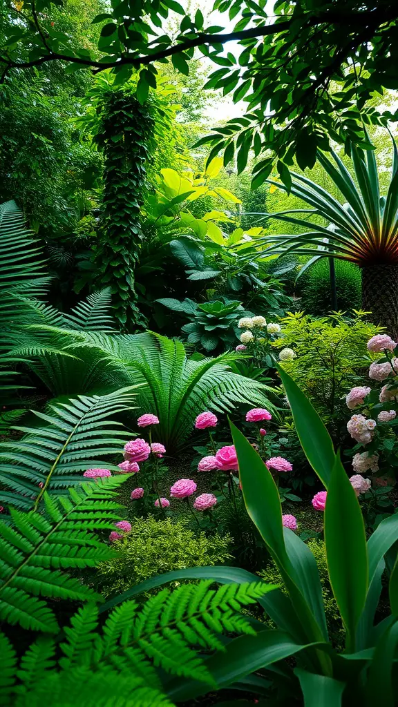 Lush shade garden featuring ferns and pink flowers surrounded by tropical plants.