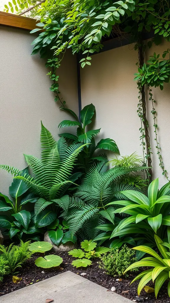 27 Creative Corner Landscaping Ideas for Your Garden 22 A shaded corner garden featuring various ferns and lush greenery.