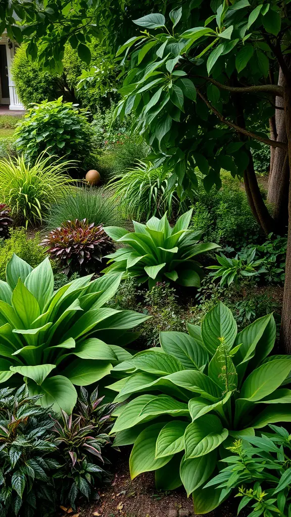 23 Stunning Perennial Garden Ideas to Transform Your Outdoor Space 9 A lush shade garden featuring various hostas and greenery.