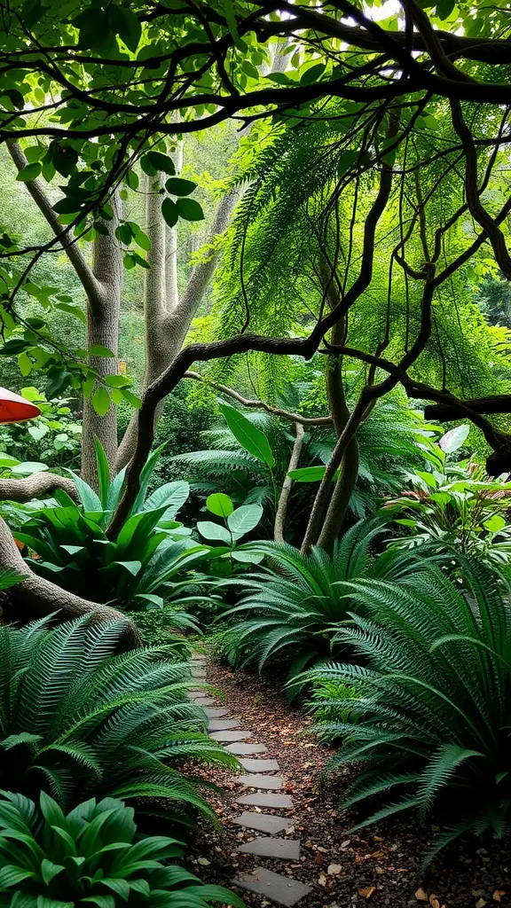 A serene path through a lush green shade garden with trees and ferns.