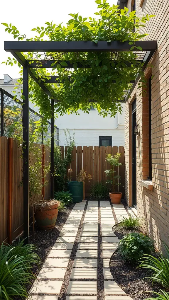 A stylish pergola with lush greenery in a narrow side yard