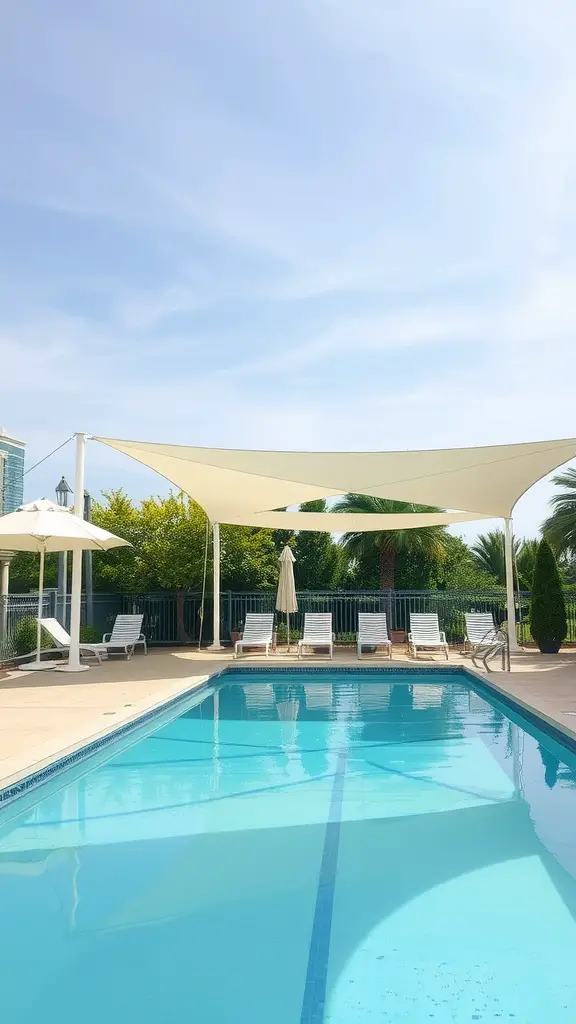 33 Creative Backyard Pool and Patio Ideas for Your Dream Outdoor Space 19 A pool area featuring elegant shade structures, lounge chairs, and a clear blue sky.