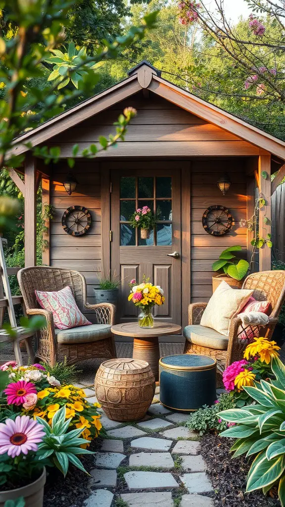 29 Creative Garden Shed Ideas for Every Backyard 7 Cozy she shed with seating and flowers