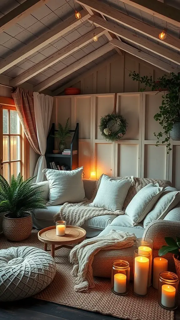 37 Creative Backyard Shed Ideas for Every Style 11 A cozy she shed interior with a couch, candles, and plants.