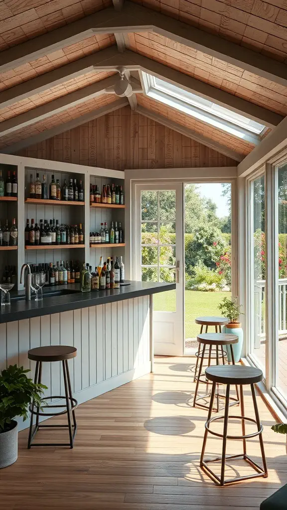 27 Stunning Garden Shed Interiors to Inspire Your Outdoor Space 15 Interior of a shed bar with a view of the garden, featuring a sleek bar counter, shelves of drinks, and light streaming in through large windows.