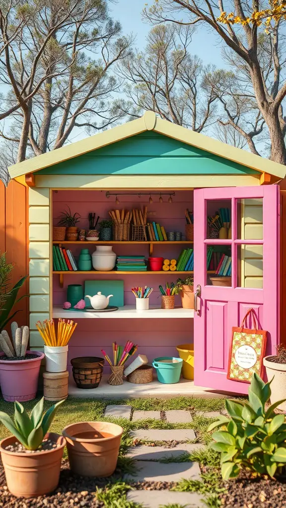 25 Creative Garden Shed Ideas for Your Outdoor Space 25 A colorful garden shed designed for children's activities, featuring shelves filled with art supplies and a vibrant exterior.