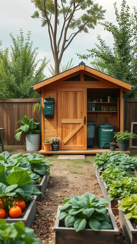 37 Creative Backyard Shed Ideas for Every Style 22 A backyard shed with a compost station surrounded by vegetable beds.