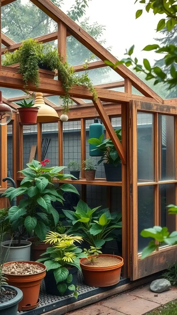 25 Creative Garden Shed Ideas for Your Outdoor Space 21 A wooden greenhouse shed filled with various plants and pots.