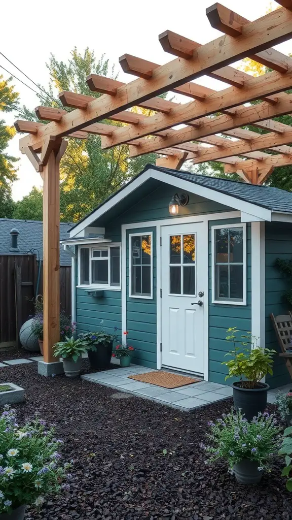 23 Stunning Garden Shed Exterior Ideas to Transform Your Backyard 11 A garden shed integrated with a wooden pergola, surrounded by potted plants.