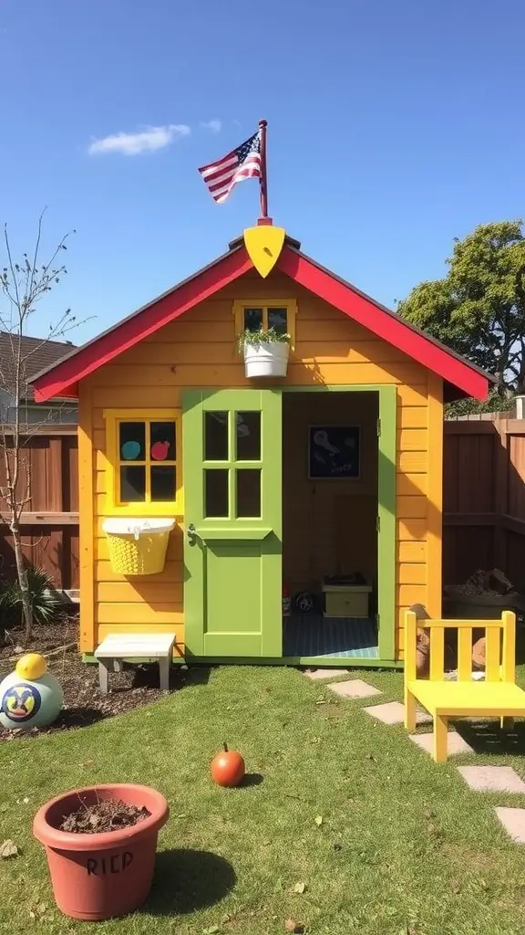 23 Stunning Garden Shed Exterior Ideas to Transform Your Backyard 23 Colorful garden shed styled as a playhouse with a yellow exterior, green door, and red roof, surrounded by playful decorations.