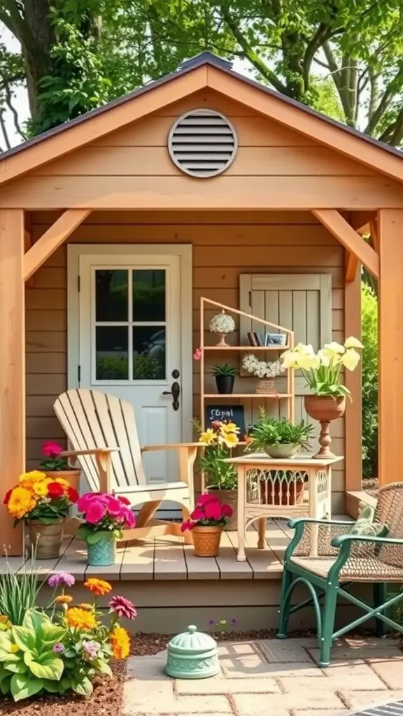 23 Stunning Garden Shed Exterior Ideas to Transform Your Backyard 17 A garden shed with a breezy porch, featuring colorful flowers, comfortable seating, and decorative elements.
