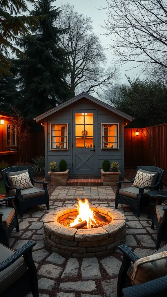 23 Stunning Garden Shed Exterior Ideas to Transform Your Backyard 25 A cozy garden shed with a fire pit area, featuring stone seating and warm lighting.