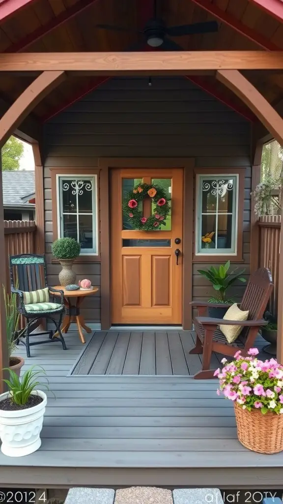 37 Creative Backyard Shed Ideas for Every Style 21 A cozy shed with a porch featuring two chairs, a welcoming door with a wreath, and potted plants.