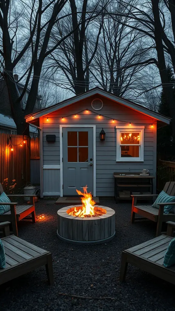 37 Creative Backyard Shed Ideas for Every Style 34 A cozy backyard shed with a fire pit area in front, surrounded by comfortable seating and string lights.