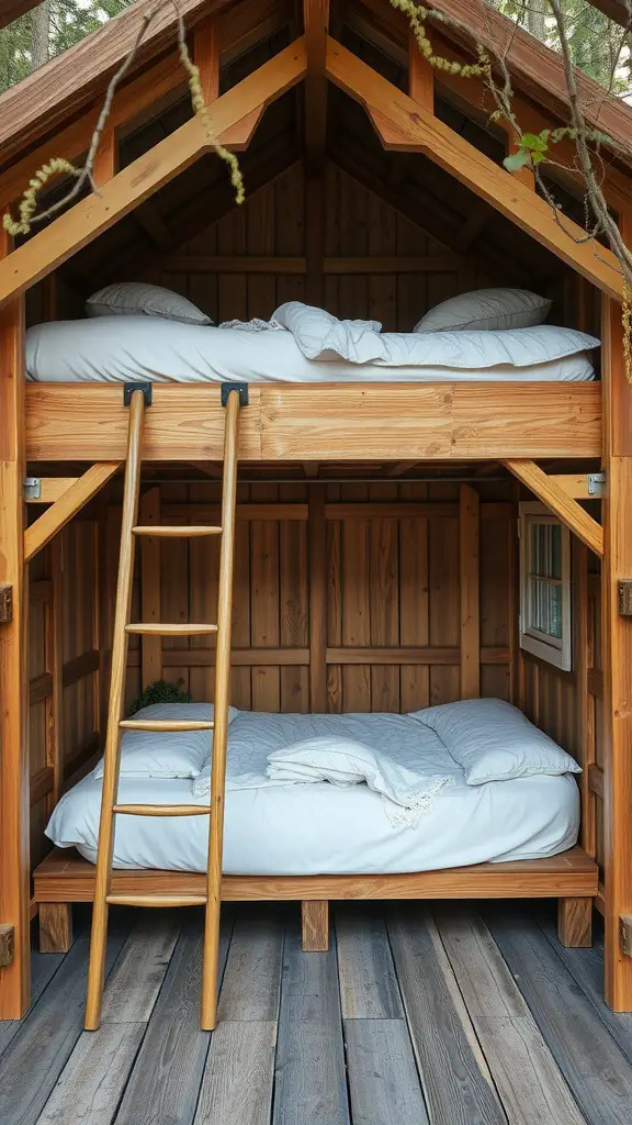 37 Creative Backyard Shed Ideas for Every Style 28 Cozy shed with a lofted sleeping area featuring a wooden ladder, warm wood interior, and comfortable bedding.
