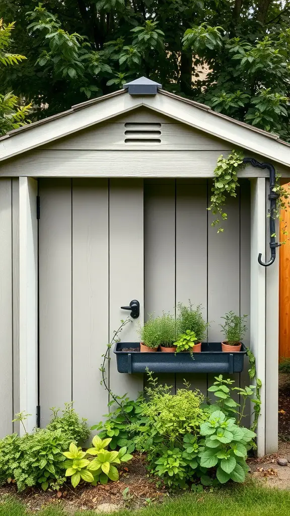 37 Creative Backyard Shed Ideas for Every Style 38 A backyard shed with a mini herb garden displayed on a shelf, showcasing various small potted herbs and lush greenery around.