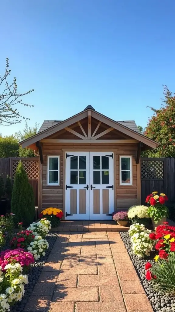 23 Stunning Garden Shed Exterior Ideas to Transform Your Backyard 18 Garden shed with artistic roof design and colorful flowers in front