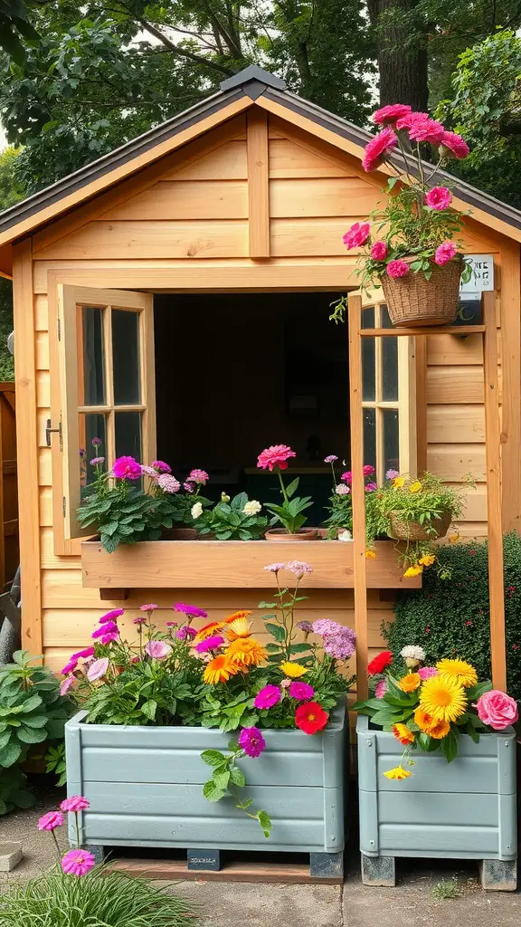 37 Creative Backyard Shed Ideas for Every Style 24 A wooden shed with colorful built-in planters filled with various flowers.