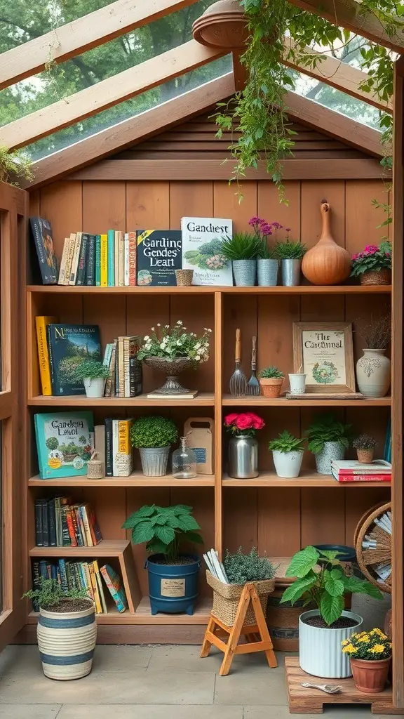 27 Stunning Garden Shed Interiors to Inspire Your Outdoor Space 27 A cozy shed interior featuring built-in shelves filled with books, plants, and gardening supplies, showcasing a warm wooden structure.