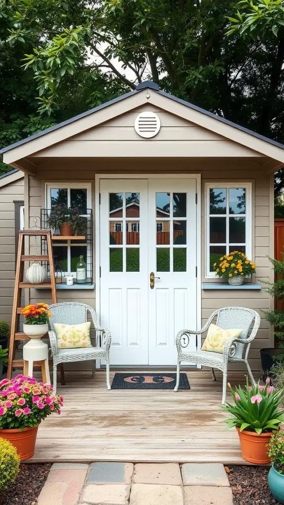 29 Creative Garden Shed Ideas for Every Backyard 30 A charming garden shed with a porch, featuring white doors, wicker chairs, and colorful flowers in pots.
