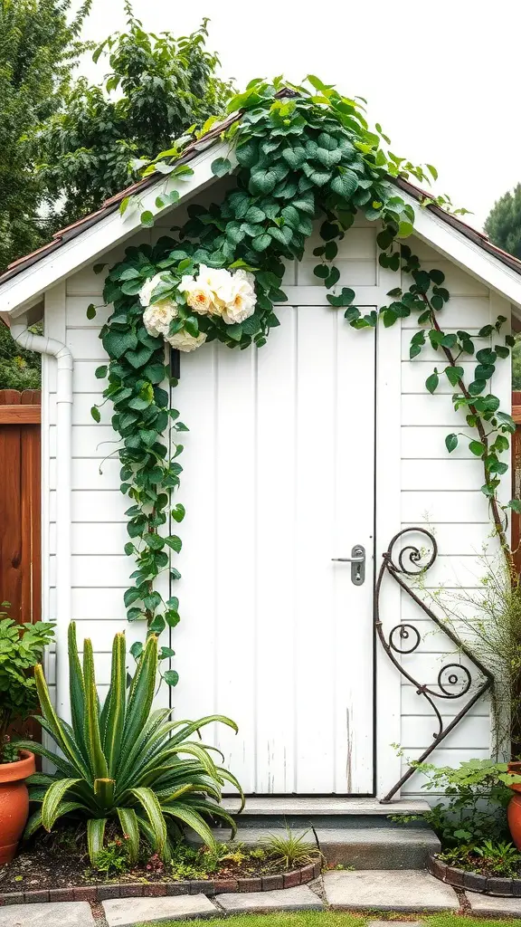 29 Creative Garden Shed Ideas for Every Backyard 29 A white garden shed with green climbing plants and flowers, surrounded by lush greenery.