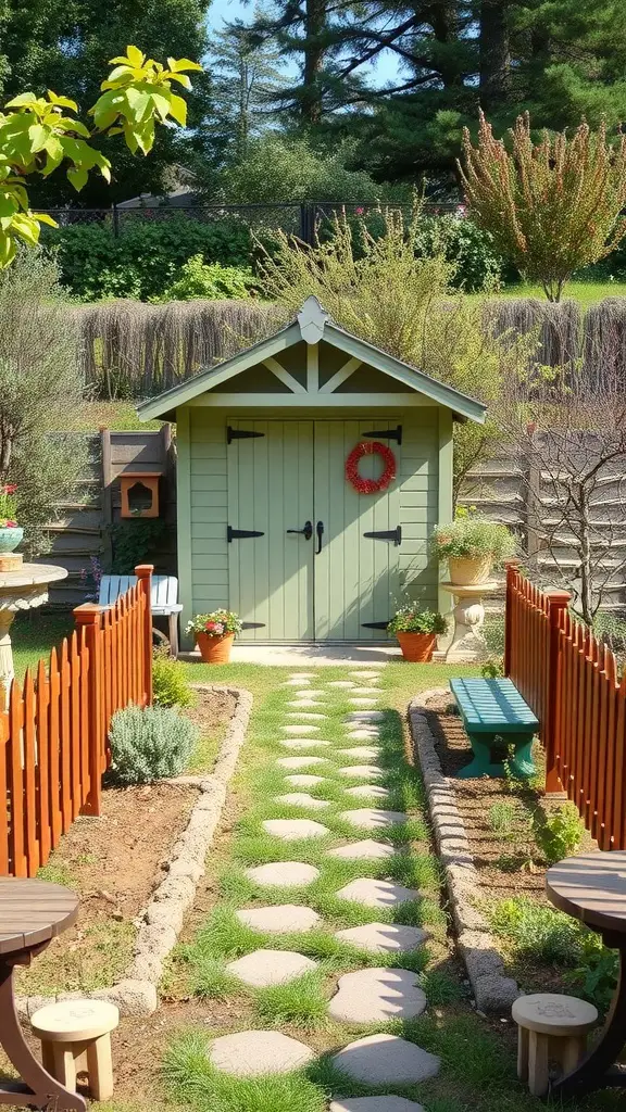 23 Stunning Garden Shed Exterior Ideas to Transform Your Backyard 22 A charming green shed surrounded by decorative orange fencing and a stone pathway.