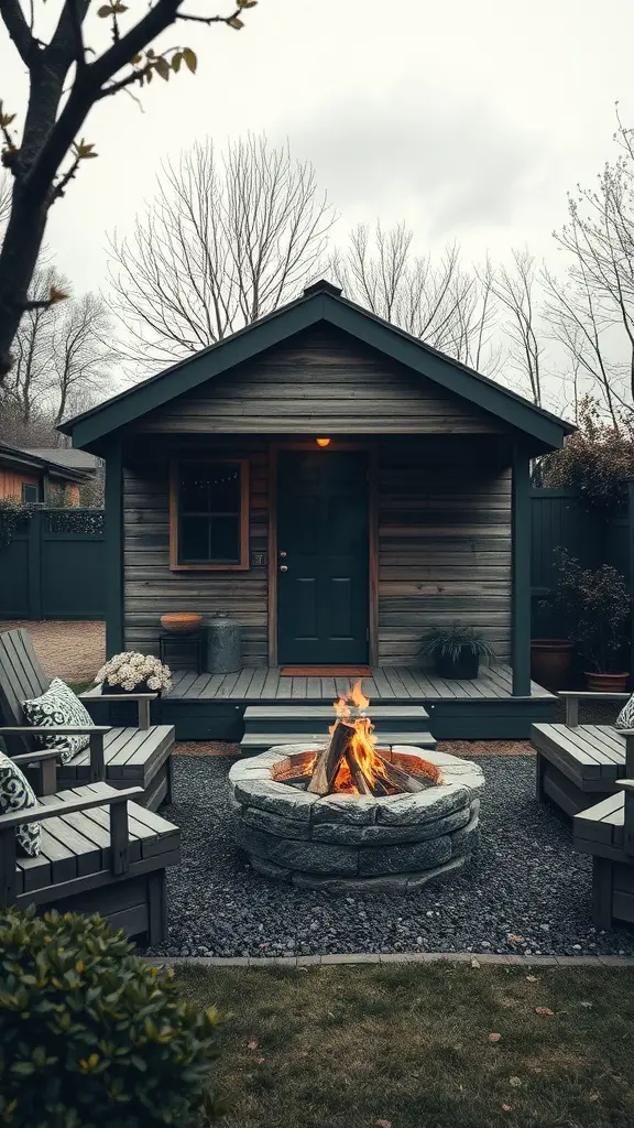 29 Creative Garden Shed Ideas for Every Backyard 26 A garden shed with a fire pit area, featuring outdoor seating and a cozy atmosphere