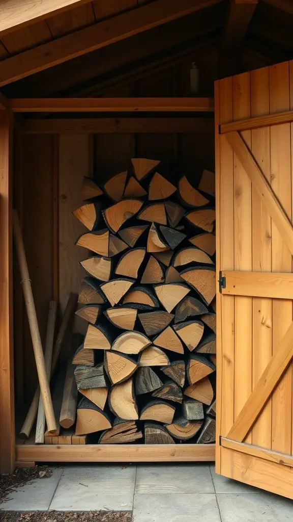 37 Creative Backyard Shed Ideas for Every Style 23 A wooden shed with neatly stacked firewood and a partially open door