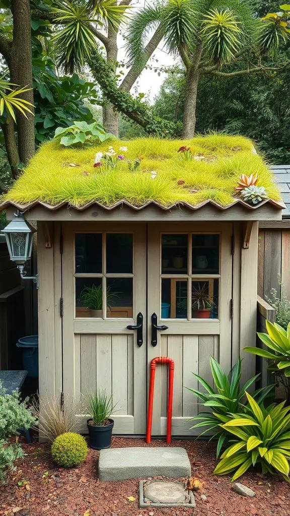 29 Creative Garden Shed Ideas for Every Backyard 5 A garden shed with a green roof covered in grass and flowers, surrounded by plants in a garden setting.