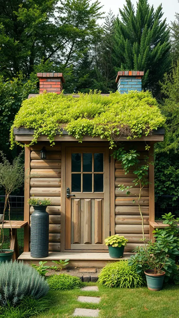 37 Creative Backyard Shed Ideas for Every Style 4 A charming wooden shed with a green roof, surrounded by plants and a stone pathway.