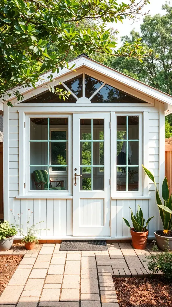 37 Creative Backyard Shed Ideas for Every Style 26 A charming shed with large bay windows surrounded by greenery and potted plants.