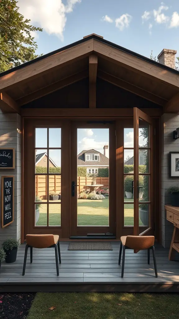 23 Stunning Garden Shed Exterior Ideas to Transform Your Backyard 15 Garden shed with large glass doors and two chairs on a porch