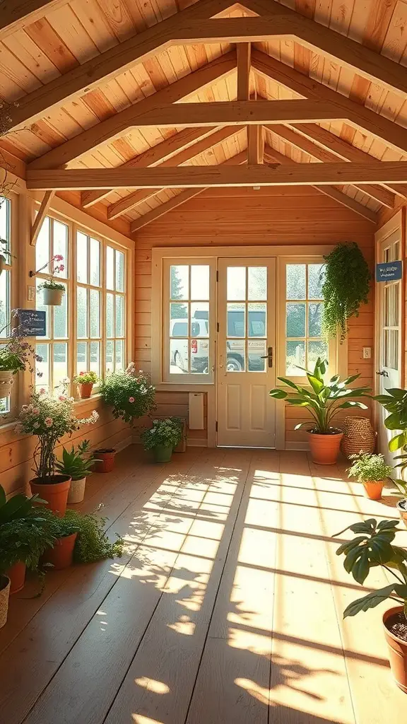 29 Creative Garden Shed Ideas for Every Backyard 14 Interior of a garden shed with large windows, wooden beams, and potted plants