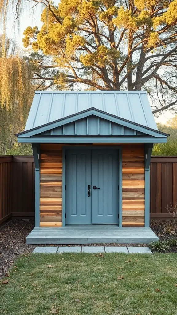 37 Creative Backyard Shed Ideas for Every Style 32 A shed with a blue metal roof and wooden siding in a backyard setting.