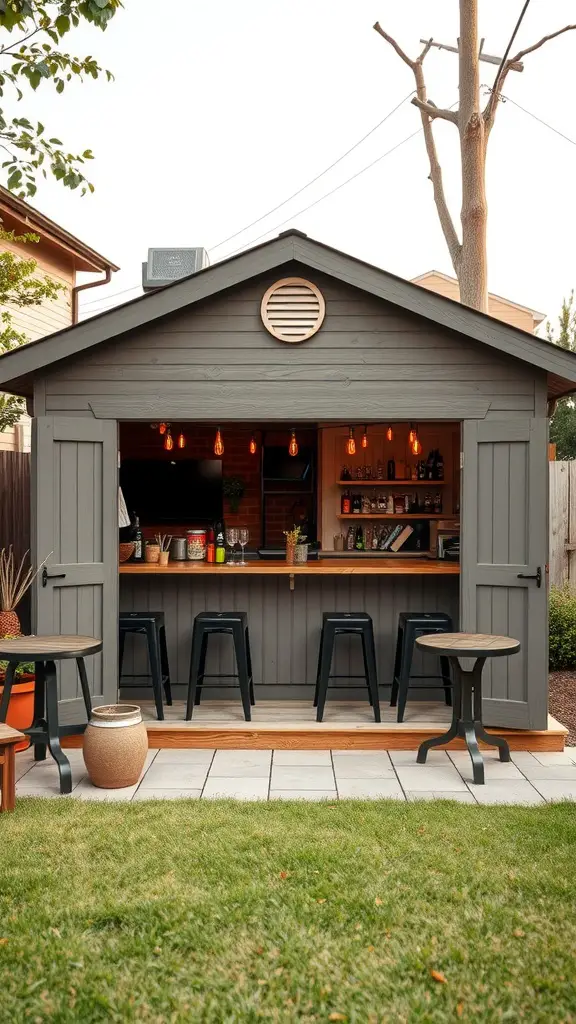 37 Creative Backyard Shed Ideas for Every Style 14 A backyard shed with an outdoor bar setup, featuring open doors, bar stools, and warm lighting.