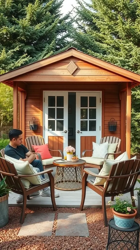 25 Creative Garden Shed Ideas for Your Outdoor Space 14 A garden shed with an outdoor seating area featuring two chairs, a small table, and decorative plants.