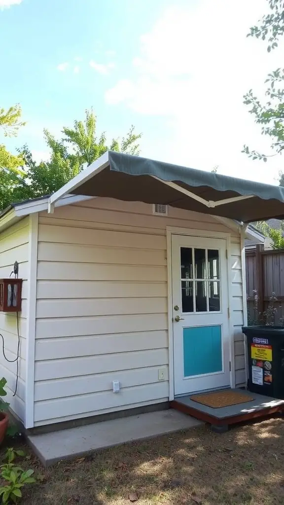 37 Creative Backyard Shed Ideas for Every Style 35 A backyard shed with a retractable awning, featuring a bright blue door and a welcoming entrance.