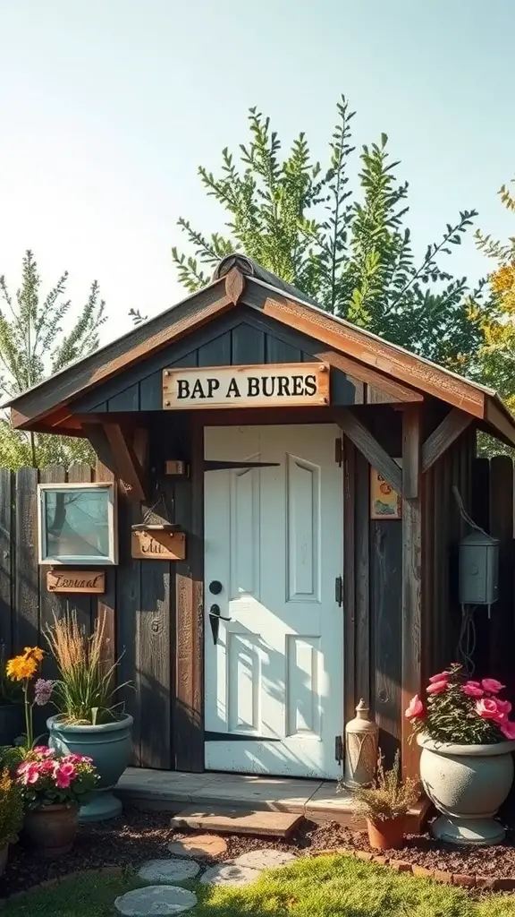 23 Stunning Garden Shed Exterior Ideas to Transform Your Backyard 19 A rustic garden shed with dark wood siding, a white door, and metal accents, surrounded by colorful flowers in pots.
