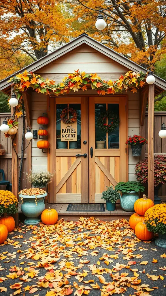 23 Stunning Garden Shed Exterior Ideas to Transform Your Backyard 24 A garden shed decorated with autumn leaves, pumpkins, and seasonal flowers.