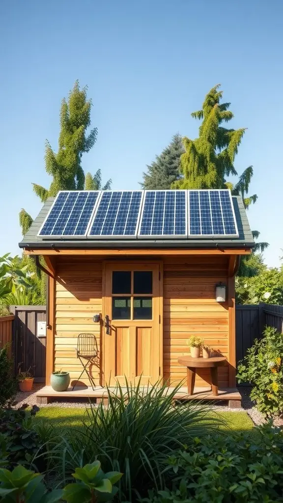25 Creative Garden Shed Ideas for Your Outdoor Space 18 A wooden garden shed with solar panels on the roof, surrounded by greenery.
