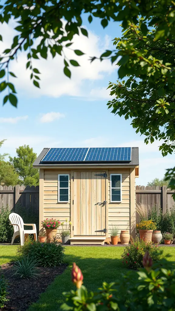 29 Creative Garden Shed Ideas for Every Backyard 31 A charming wooden shed with solar panels on the roof, surrounded by greenery and flower pots.
