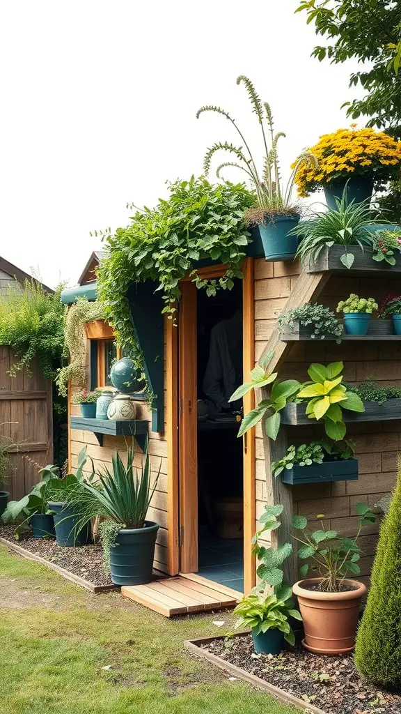 29 Creative Garden Shed Ideas for Every Backyard 21 A garden shed decorated with a vertical garden, featuring various potted plants and greenery on the roof and walls.