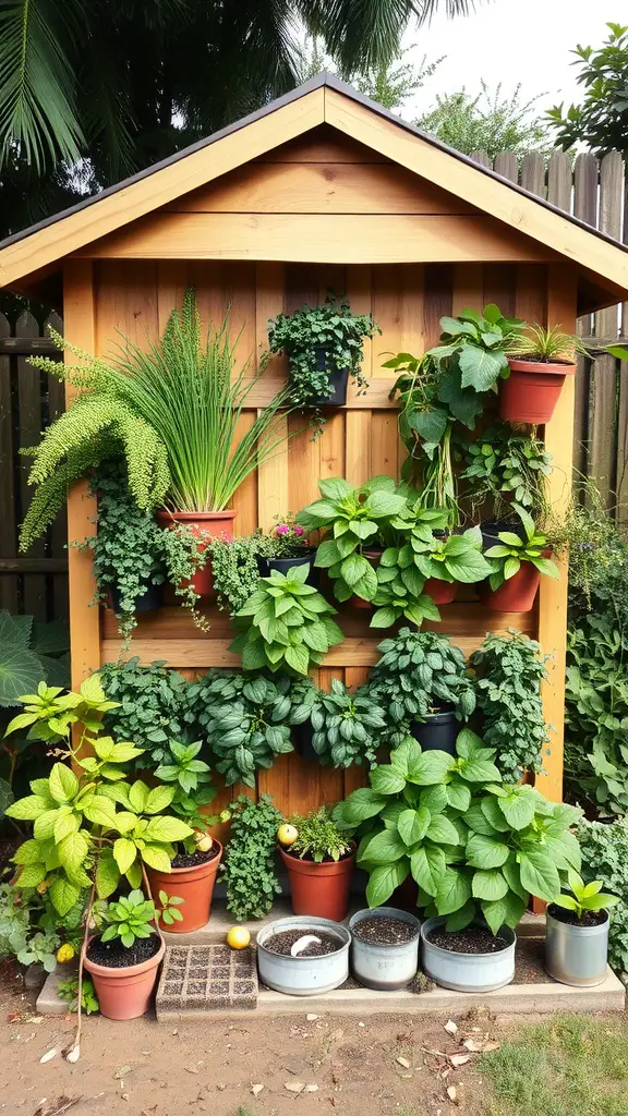 25 Creative Garden Shed Ideas for Your Outdoor Space 11 A wooden shed with a vertical garden featuring various plants in pots.