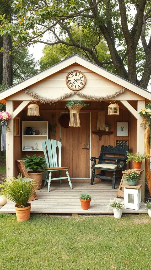 37 Creative Backyard Shed Ideas for Every Style 37 A backyard shed with vintage decor featuring a wooden exterior, a large clock, hanging wicker baskets, cozy seating, and potted plants.
